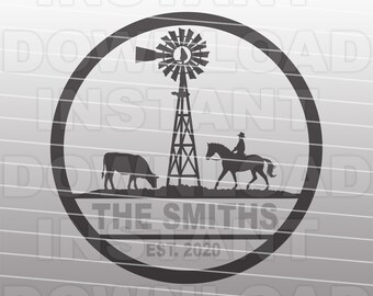 May include: Black and white silhouette of a windmill, a cow, a horse and rider, and the text "The Smiths Est. 2020" inside a black circle.