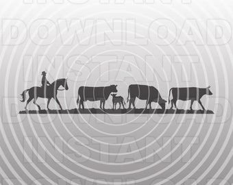 May include: A black silhouette of a cowboy on horseback leading a herd of cattle. The cattle include adult cows and a calf, all grazing on a grassy area. The background features concentric gray circles with the words "INSTANT DOWNLOAD".