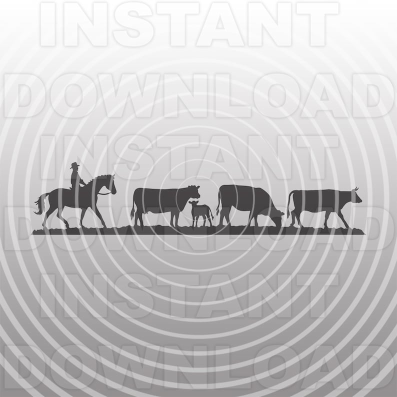 May include: A black silhouette of a cowboy on horseback leading a herd of cattle. The cattle include adult cows and a calf, all grazing on a grassy area. The background features concentric gray circles with the words "INSTANT DOWNLOAD".