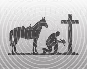 Cowboy with Horse Kneeling Praying at Memorial Cross SVG File -Vector Art Commercial/Personal Use- Cricut,Silhouette,Cameo,vinyl decal,Vinyl