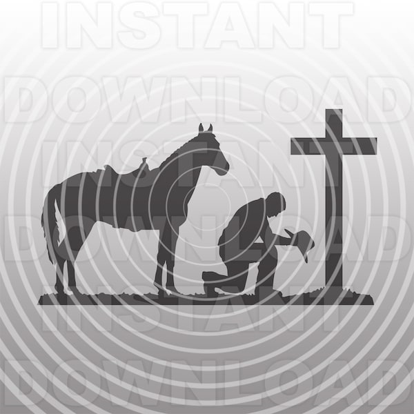 Cowboy with Horse Kneeling Praying at Memorial Cross SVG File -Vector Art Commercial/Personal Use- Cricut,Silhouette,Cameo,vinyl decal,Vinyl