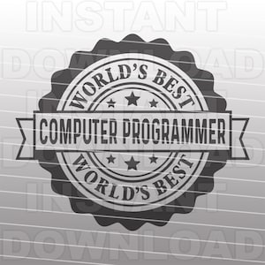 May include: A black and white circular sticker with the text "World's Best Computer Programmer" in a banner. The sticker has a gray background and five white stars.