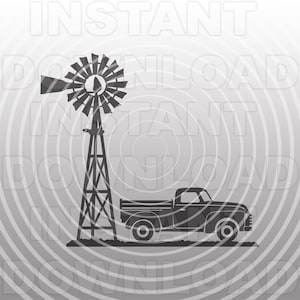 May include: A black and white illustration of a windmill and a pickup truck on a gray background with concentric circles.