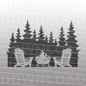May include: Silhouette of two chairs and a fire pit in front of a row of pine trees. The chairs are Adirondack style and the fire pit is round with flames rising from it.