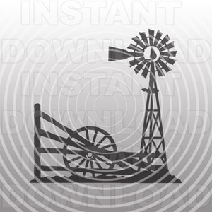 Windmill with Fence Post and Wagon Wheel SVG File,Farm Scene svg,Ranching svg -Vector Art Commercial/Personal Use- Cricut,Silhouette,Cameo