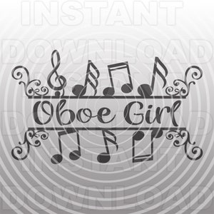 May include: A grayscale graphic featuring musical notes and the text "Oboe Girl." The design includes a treble clef, various note symbols, and decorative flourishes, suitable for music enthusiasts.