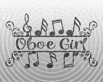 Puede incluir: Gráfico en escala de grises con notas musicales y el texto "Oboe Girl". El diseño incluye una clave de sol, varios símbolos de notas y adornos decorativos, para los amantes de la música.