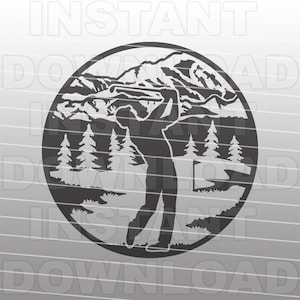 File SVG giocatore di golf, scena di montagna del campo da golf SVG, torneo di golf in formato SVG - arte vettoriale commerciale e uso personale - Silhouette, Cricut, Cameo, taglio vinile