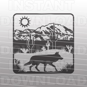 Scène de montagne du désert du sud-ouest avec Coyote et Saguaro Cactus SVG File -Vector Art Commercial & Personal Use- Cricut,Cameo,Silhouette,Vinyl