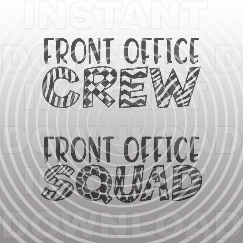 Op de afbeelding: Zwart-wit grafisch tekstontwerp dat "Front Office Crew" en "Front Office Squad" zegt met een gepatroneerde achtergrond.