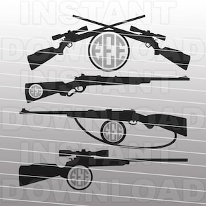 May include: Four black silhouette images of rifles with scopes. Each rifle has a monogram circle with the letters "EEE" in the center.