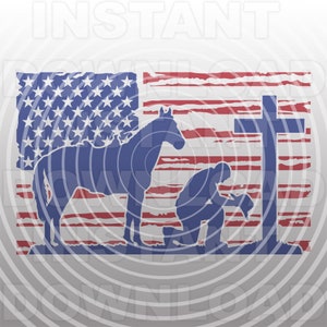 Cowboy with Horse Kneeling Praying at Memorial Cross Distressed USA Flag SVG File-Vector Art Commercial/Personal Use-Cricut,Silhouette,Cameo