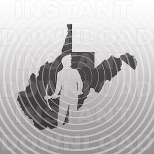 May include: A black silhouette of a miner holding a pickaxe stands in front of a gray outline of the state of West Virginia.