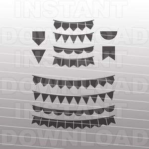 May include: A set of black and white printable party banner designs. The designs include a variety of shapes, including triangles, scallops, and pennants.