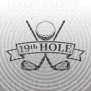 19e hole Golf teken sjabloon SVG-bestand, golfclubs met banner SVG-vector formaat commercieel en persoonlijk gebruik-Cricut, Silhouette Cameo, vinyl SVG
