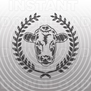 May include: Black and white illustration of a cow's head with a laurel wreath around it.