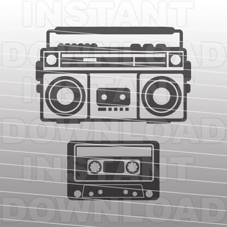 May include: A black and white illustration of a vintage boombox with a cassette tape player below it. The boombox has two speakers, a cassette player, and a radio dial. The cassette tape player has a cassette tape inside.