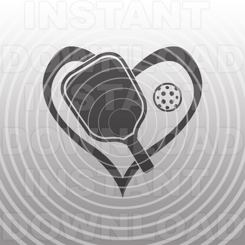 May include: A black and white illustration of a heart shape with a pickleball paddle and ball inside. The heart is outlined in black and the paddle and ball are filled in black.