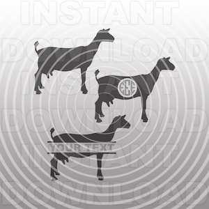 May include: Three black silhouette images of goats. The top goat is facing left, the middle goat is facing right, and the bottom goat is facing left. The middle goat has a circle with the letters "EEE" inside. The bottom goat has a line above and below it with the text "YOUR TEXT".