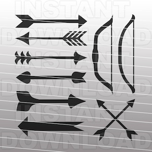 May include: A set of eight black arrow and bow silhouettes. The arrows are in various styles, including feathered, heart-shaped, and simple. The bows are curved and have a traditional design.