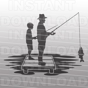 Abuelo y nieto con cañas de pescar pescando en el muelle Archivo SVG,Abuelo pescando svg,Uso comercial y personal,Cricut,Silhouette Cameo