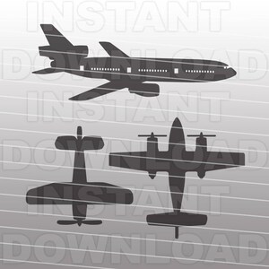 May include: Silhouettes of three airplanes, a large commercial jet, a smaller propeller plane, and a twin-engine aircraft. The airplanes are all black against a white and gray striped background.