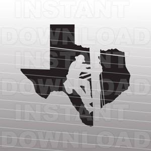 May include: Black silhouette of a person climbing a utility pole, superimposed on the outline of the state of Texas.