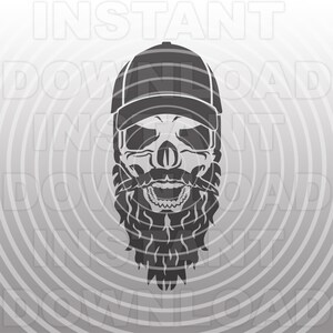 May include: A black and white illustration of a skull wearing a baseball cap and a thick beard. The skull is smiling with its teeth showing.