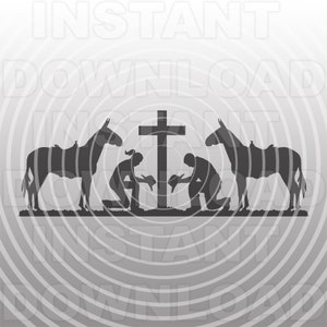 Cowboy und Cowgirl kniend betend mit zwei Maultieren am Memorial Cross SVG-Datei - kommerzielle/persönliche Nutzung- Cricut,Silhouette,Cameo,Vinyl Decal
