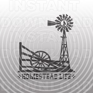 Homestead Life Windmill with Fence Post and Wagon Wheel SVG File,Farm Scene svg -Vector Art Commercial/Personal Use- Cricut,Silhouette Cameo