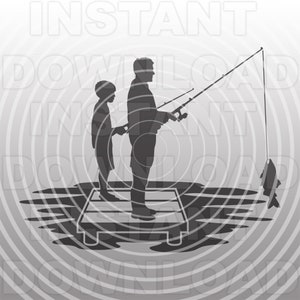 Padre e hijo con cañas de pescar pescando juntos en Lake Dock SVG File,Family Fishing svg,Commercial & Personal Use,Cricut,Silhouette Cameo
