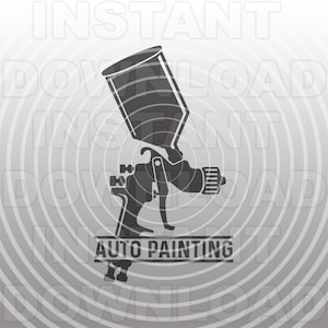 Könnte beinhalten: Schwarz-weiß-Illustration eines Spritzpistole mit dem Text "AUTO PAINTING" auf einem Banner darunter.