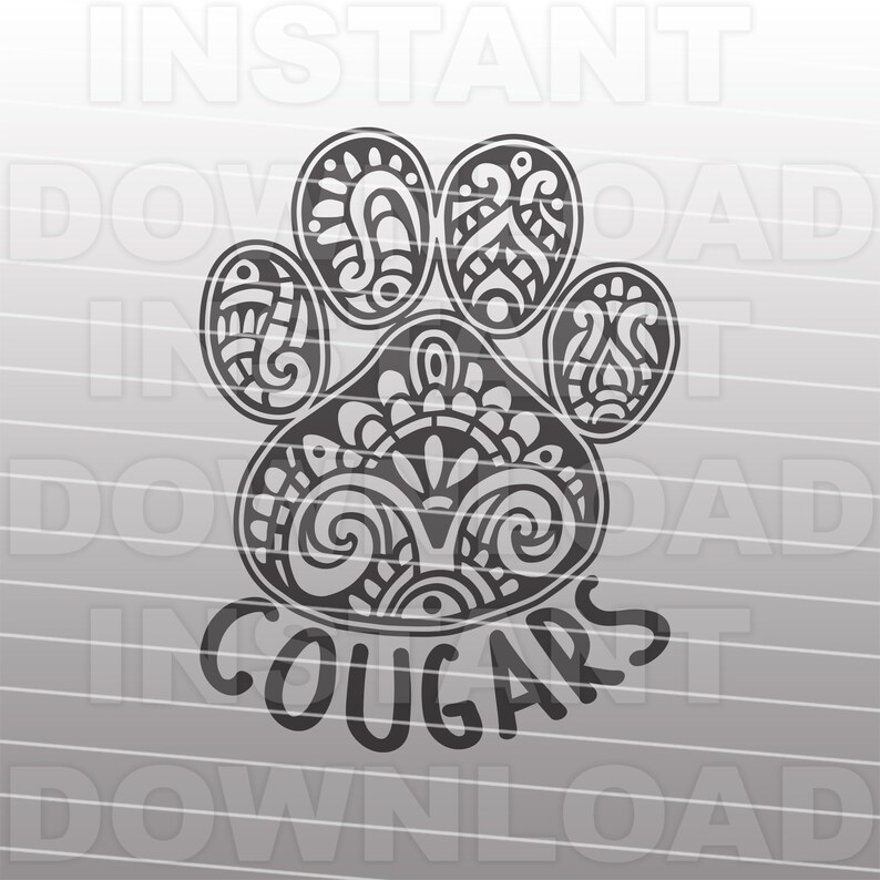 May include: Black and white paw print design with intricate details, surrounded by the word "COUGARS".