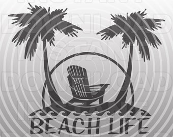 Op de afbeelding: Een grijswaardenafbeelding van een strandscène met twee palmbomen, een ligstoel en de woorden "BEACH LIFE". Het ontwerp is geplaatst in een cirkelvormig frame, wat een gevoel van ontspanning en kustleven oproept. De afbeelding heeft een minimalistische stijl.