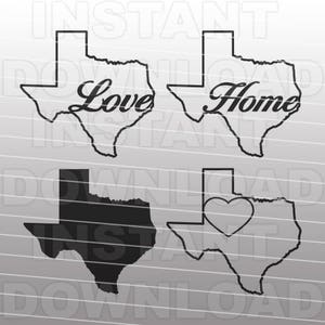 May include: Four black and white outline images of the state of Texas. The top two images have the words "Love" and "Home" written inside the state outline. The bottom two images are solid black and the right image has a heart shape inside the state outline.