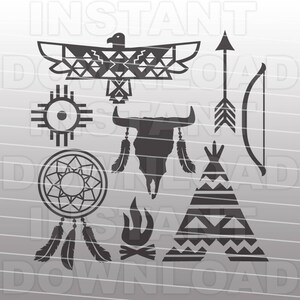 May include: A set of nine black and white Native American themed SVG cut files. The set includes a dreamcatcher, a teepee, a bull skull, a fire, an arrow, a bow, a sun symbol, and an eagle.
