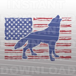 May include: A blue wolf silhouette howling against a distressed American flag background. The flag is red, white, and blue with a grunge effect.