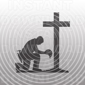 May include: A black silhouette of a person kneeling in front of a cross, holding a helmet in their hands. The person is facing the cross, with their head bowed in prayer. The background is a gray gradient with concentric circles.