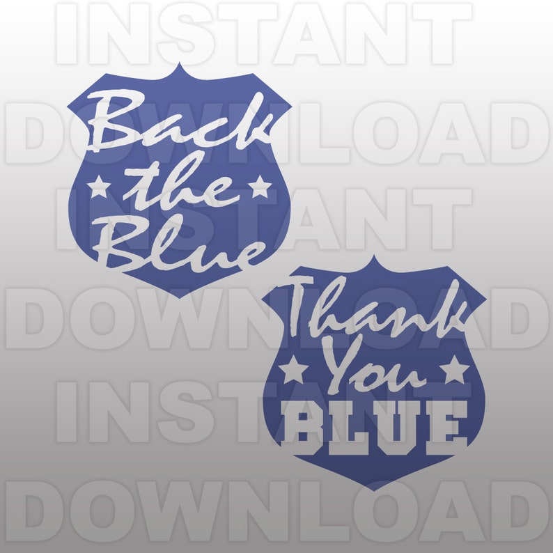 May include: Two blue police badge-shaped signs with white text. The top sign says "Back the Blue" with a star on either side of "the". The bottom sign says "Thank You Blue" with a star on either side of "You".