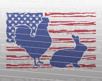 Patriotic Livestock Chicken and Rabbit on Distressed American USA Flag SVG File-Commercial-Personal Use- Cricut,Silhouette Cameo,Vinyl Decal