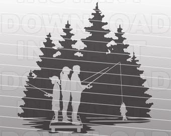 Father Mother and Daughter Fishing on a Dock SVG File,Family Fishing SVG,Vector Format,Commercial-Personal Use,Cricut,Silhouette Cameo,Vinyl