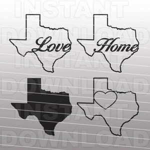 May include: Four black and white outline images of the state of Texas. The top two images have the words "Love" and "Home" written inside the state outline. The bottom two images are solid black and the right image has a heart shape inside the state outline.