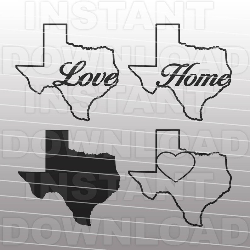 May include: Four black and white outline images of the state of Texas. The top two images have the words "Love" and "Home" written inside the state outline. The bottom two images are solid black and the right image has a heart shape inside the state outline.