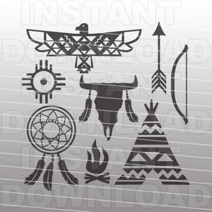 May include: A set of nine black and white Native American themed SVG cut files. The set includes a dreamcatcher, a teepee, a bull skull, a fire, an arrow, a bow, a sun symbol, and an eagle.