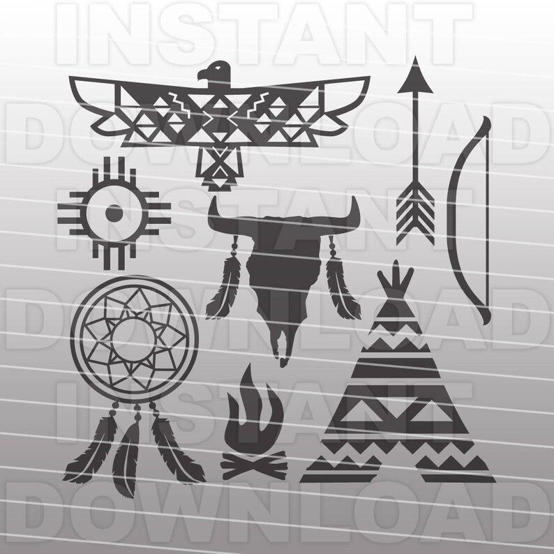 May include: A set of nine black and white Native American themed SVG cut files. The set includes a dreamcatcher, a teepee, a bull skull, a fire, an arrow, a bow, a sun symbol, and an eagle.