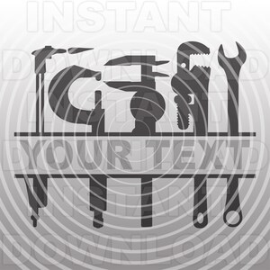 May include: Silhouette of various tools, including a wrench, pliers, a hammer, and a caliper, arranged in a row above the text "YOUR TEXT". The tools are black against a white background with a grey circular pattern.