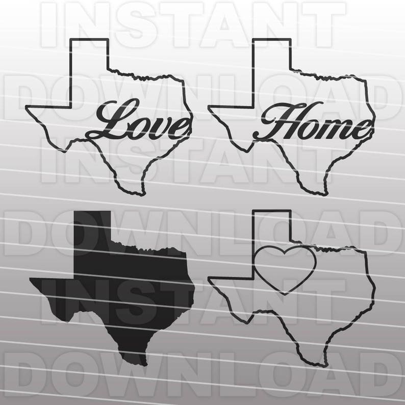 May include: Four black and white outline images of the state of Texas. The top two images have the words "Love" and "Home" written inside the state outline. The bottom two images are solid black and the right image has a heart shape inside the state outline.