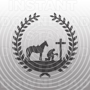 Cowboy com cavalo ajoelhado rezando na Cruz Memorial com coroa de louros Arquivo SVG -Comercial/Uso pessoal-Cricut,Silhouette Cameo,vinil svg