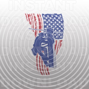 May include: A silhouette of a worker climbing a utility pole, superimposed on a distressed American flag. The flag is red, white, and blue with a tattered, distressed look. The worker is climbing the pole with tools in hand.