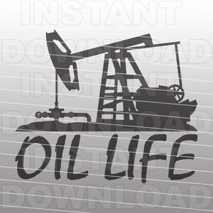 May include: Black and white silhouette of an oil pump jack with the text "OIL LIFE" underneath.